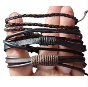 Men's Brown and Black Leather Bracelets- Set of 3